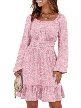 Women's Floral Pink Lantern Sleeve Square Neck Elastic Waist Ruffle Midi Dress
